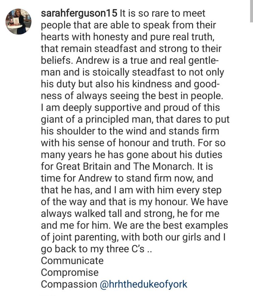 The Duchess of York shared this message saying she will stand by the prince 'every step of the way'