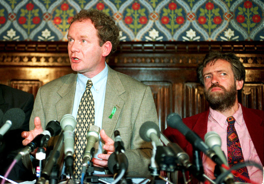 File photo dated August 31, 1995, of Sinn Fein boss Martin McGuinness at a news conference in the House of Commons, London, with Jeremy Corbyn to his right