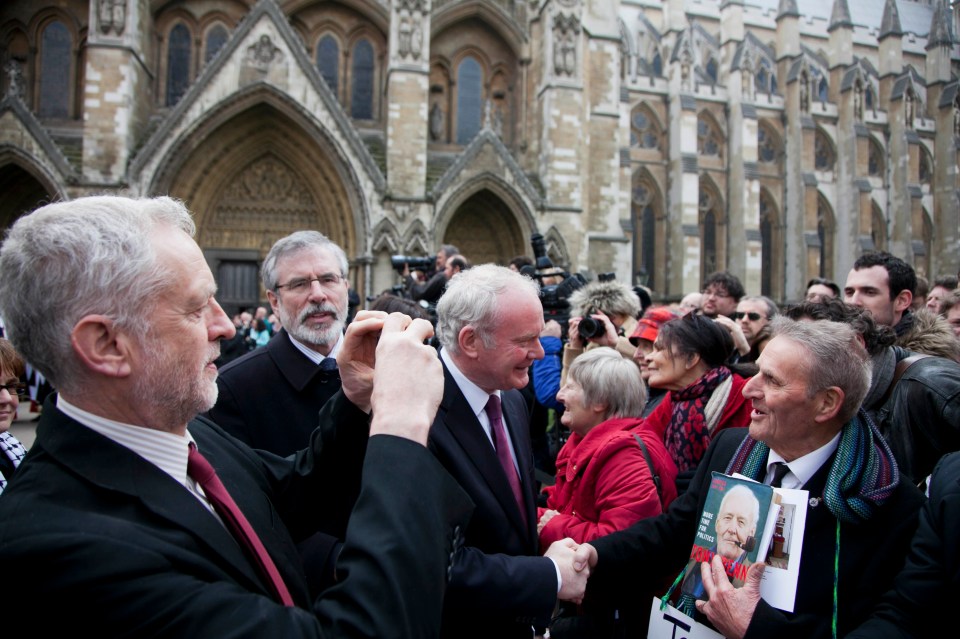  Jeremy Corbyn with Gerry Adams and Martin McGuinness at Labour MP Tony Benn’s funeral