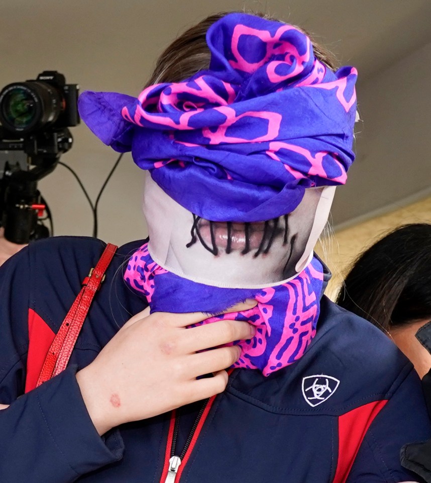  The Brit teen was seen leaving court with a face mask showing a pair of lips stitched shut