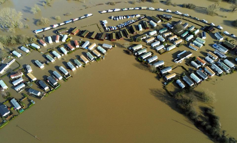  Aerial views show an evacuated caravan park in Yalding, Kent