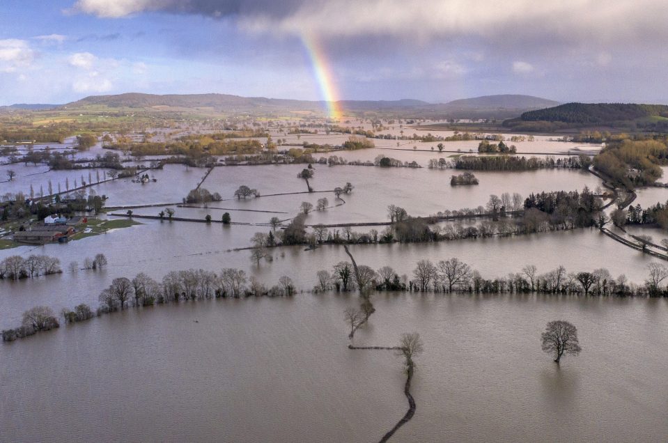  Floodwater covers fields in the Wye Valley, near the hamlet of Wellesley, following Storm Dennis