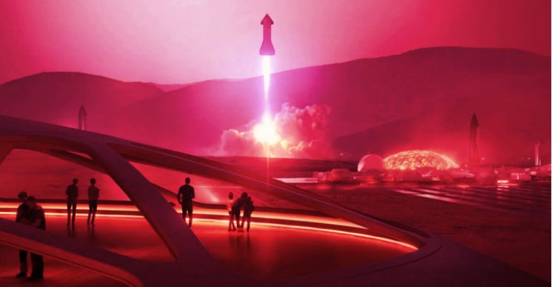 Billionaire Elon Musk has previously outlined plans for a Martian colony established by his rocket company, SpaceX. Pictured is an artist impression of the colony with a SpaceX Starship rocket in the background