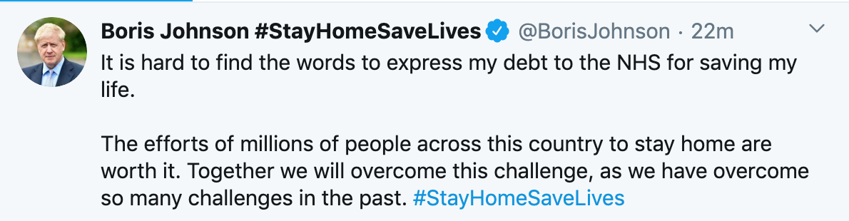  Mr Johnson also thanked NHS staff on Twitter following his discharge from hospital