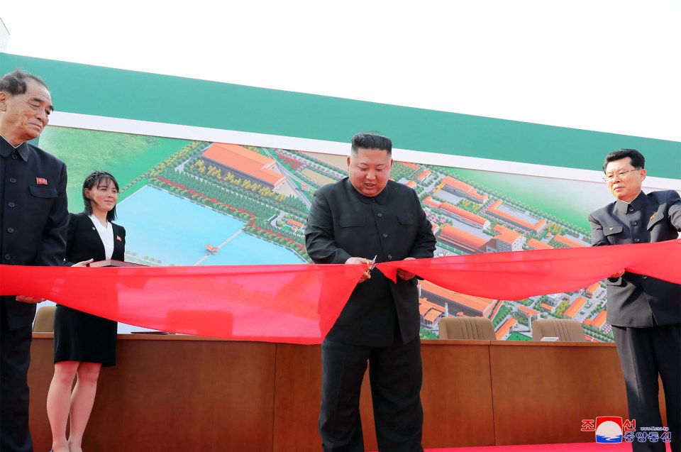  Another picture claims to show the North Korean leader cutting a ribbon at the fertiliser plant alongside his sister Kim Yo-jong