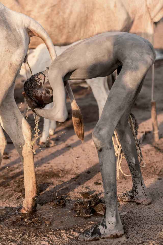 A Mundari boy washing his head with urine of cattle