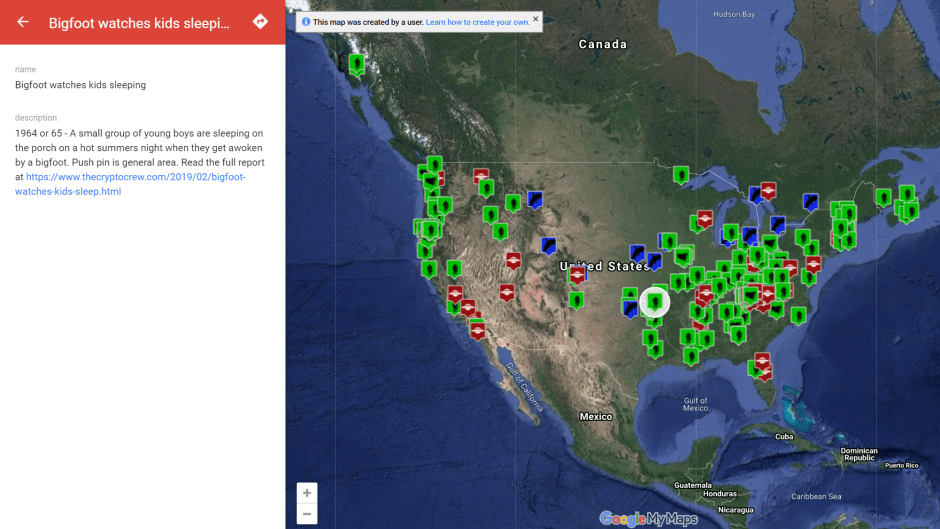 Clicking on a locations brings up details about the sighting