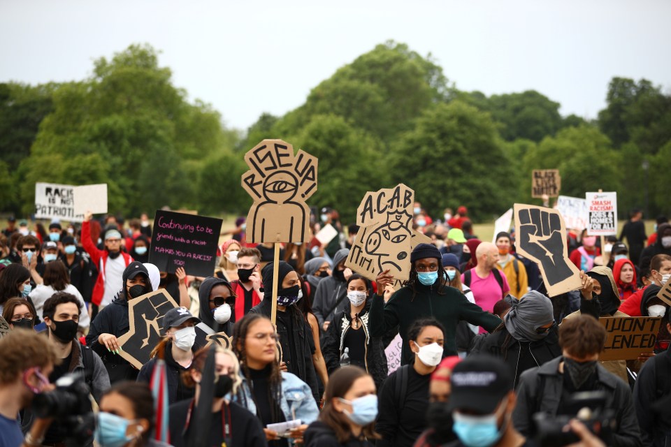  Some protesters wore protective face masks