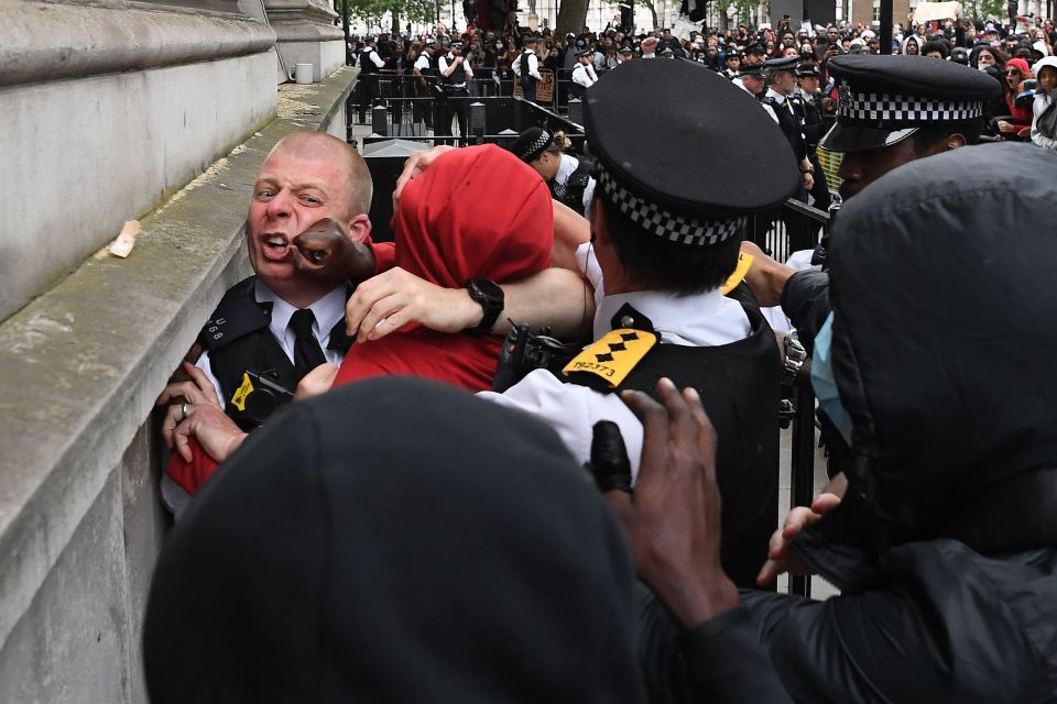  A protester grapples with cops outside Downing Street