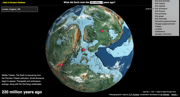 A tool to the right can help you look at Earth based on milestones such as the appearance of the "first insects" or "first flowers"