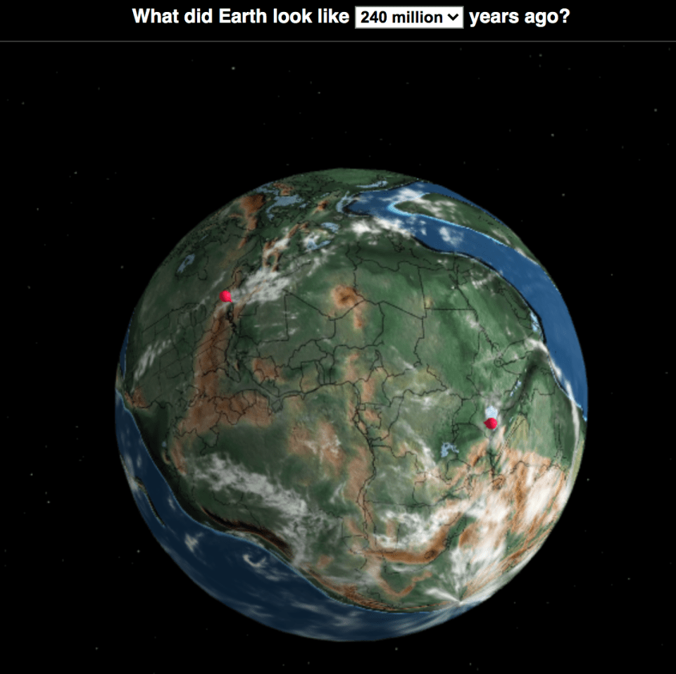 New York is the dot on the left and Nairobi is the dot on the right