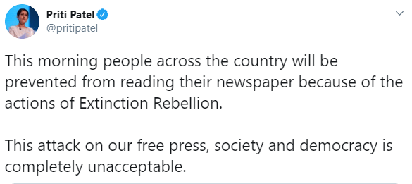 Priti Patel tweeted that the attack on free press was 'completely unacceptable'