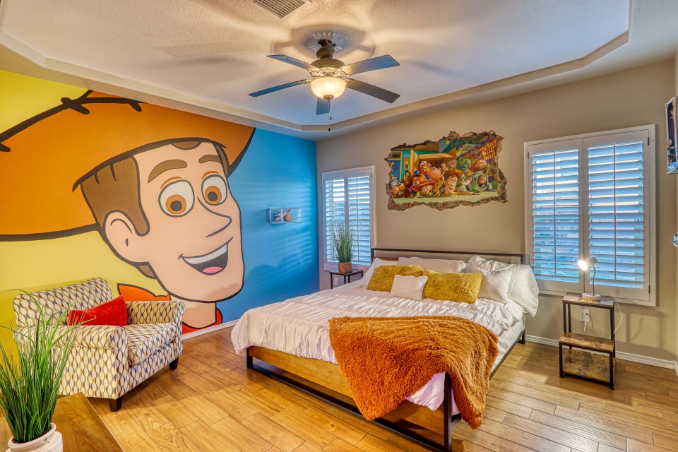 Kids can sleep in the huge Woody-themed bedroom