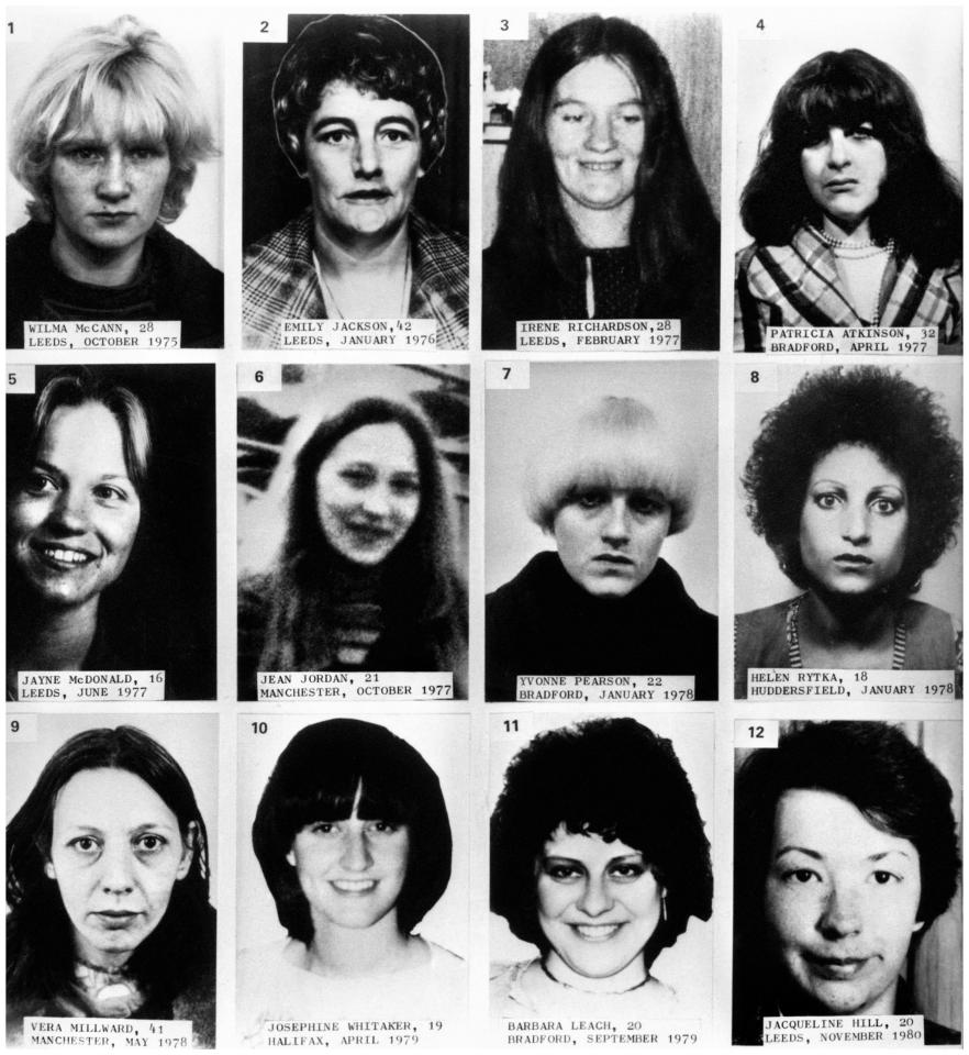 Sutcliffe's 13 victims: Top row (left to right) Wilma McCann, Emily Jackson, Irene Richardson, Patricia Atkinson, Jayne McDonald and Jean Jordan. Bottom row: Yvonne Pearson, Helen Rytka, Vera Millward, Josephine Whitaker, Barbara Leach and Jacqueline Hill.