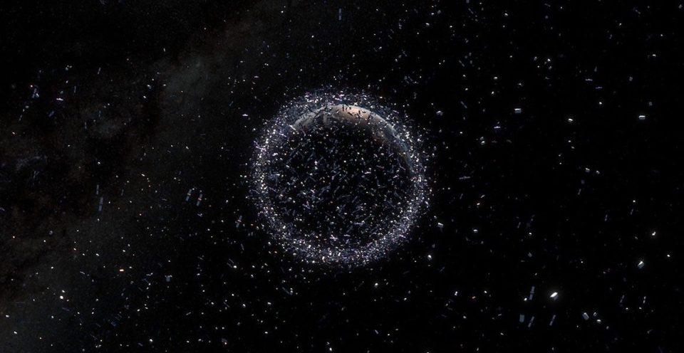 Earth surrounded by space debris.
