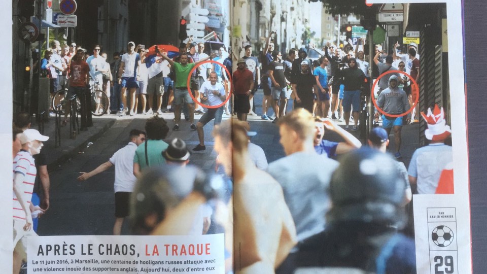 The two defendants (circled) were leading a crowd of Russian supporters in Marseille