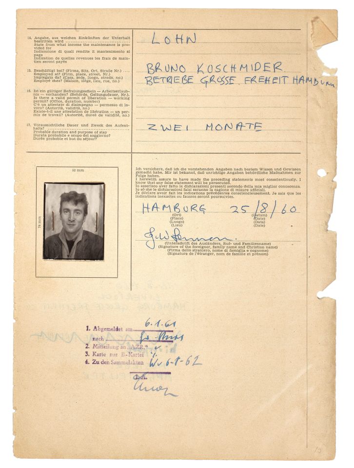 John Lennon's visa document for a visit to Hamburg
