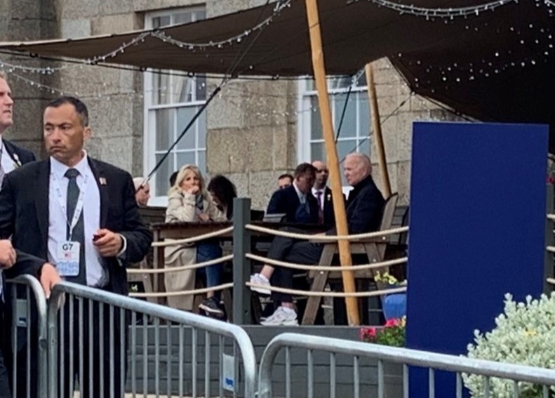 Joe and Jill Biden dressed down as they enjoyed a drink in Cornwall