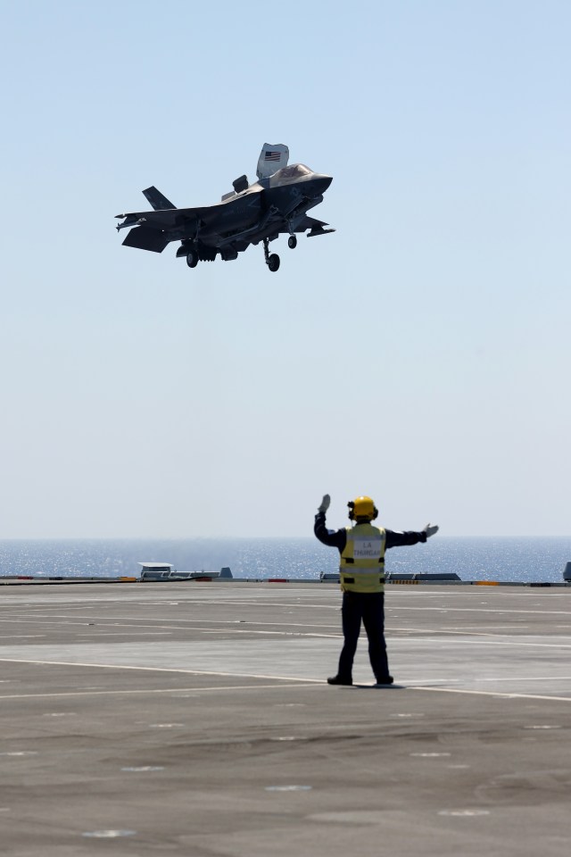 The £3.2billion, 65,000-ton vessel has eight UK and ten US F-35Bs on board
