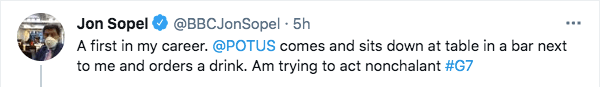 BBC reporter Jon Sopel said he was surprised to see the Bidens come and sit down next to him