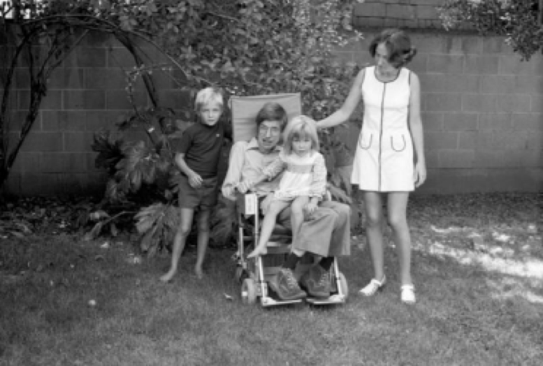 This never-seen-before family photograph features Professor Stephen Hawking with his then wife  Jane, son Robert and daughter Lucy on their California estate in 1974