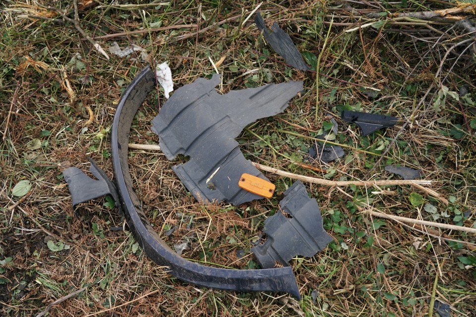 Some of the car's wreckage in the grass of the crash site