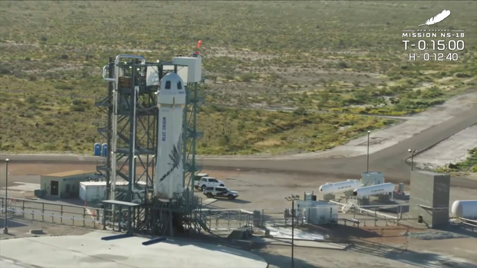 Blue Origin's New Shepard rocket on the launchpad in West Texas ahead of liftoff