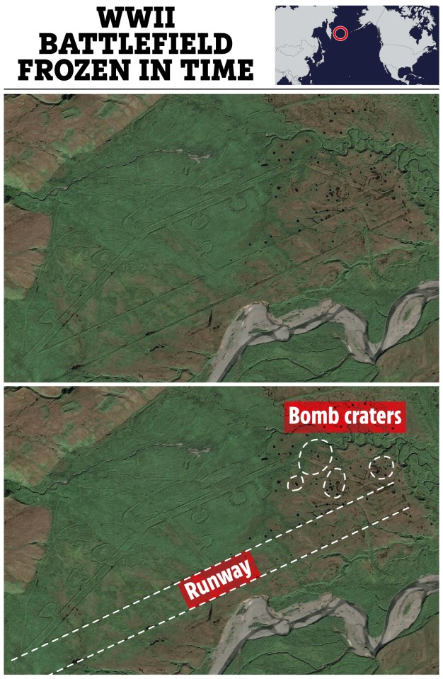 Satellite snaps of Attu Island, Alaska, reveal artillery craters still visible from the 1943 Battle of Attu on an airfield that was under construction by the Japanese