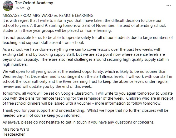 The 1,086 student-strong school will re-open to all pupils on December 1, headteacher Nora Ward told parents in a statement