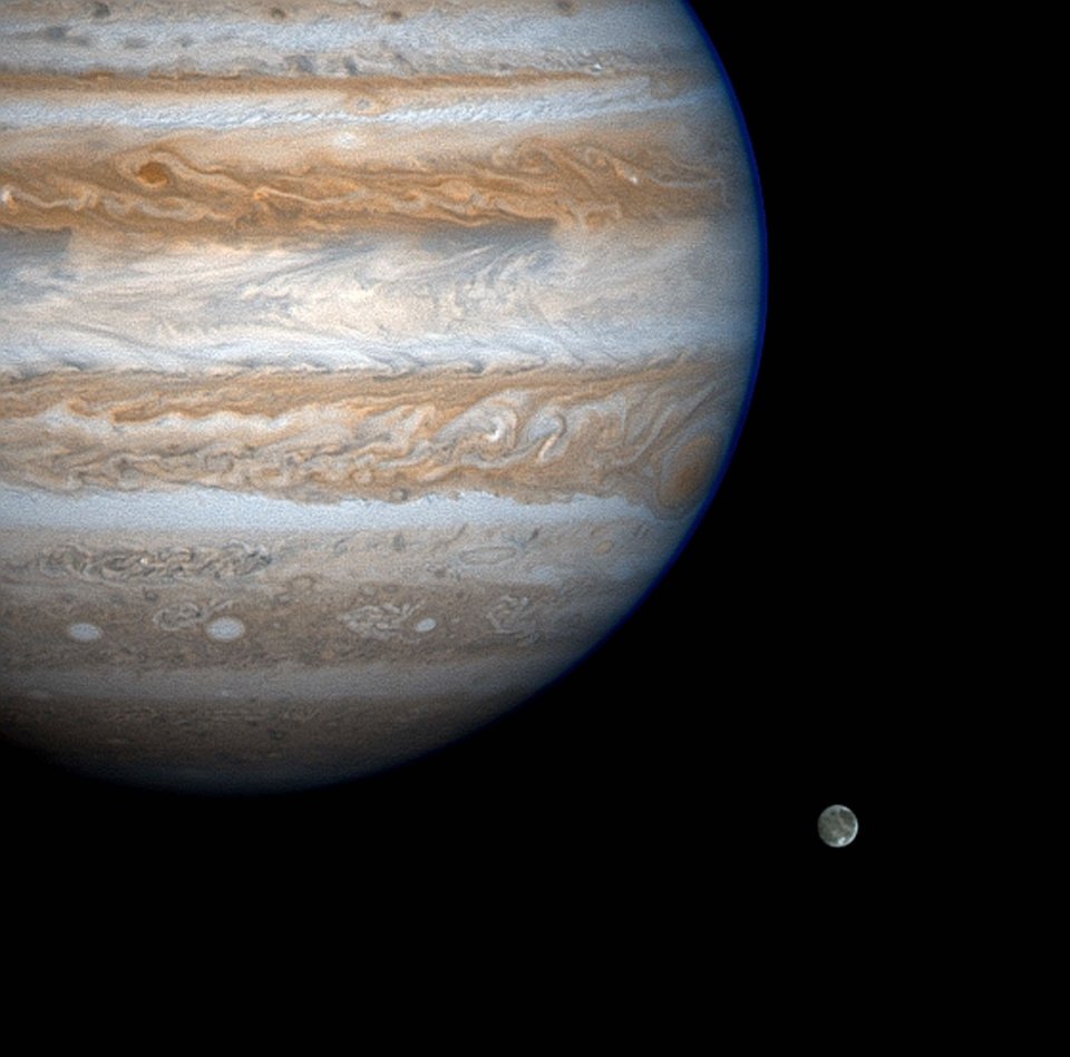 Image of Jupiter and its largest moon, Ganymede, captured by the Cassini spacecraft