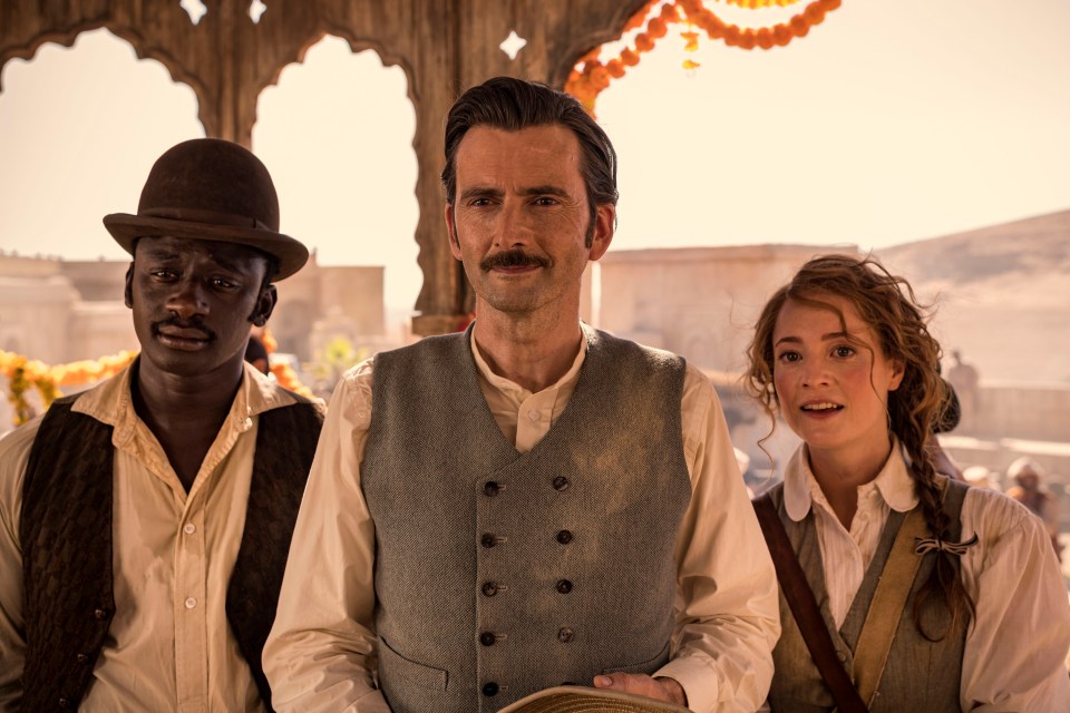 Ibrahim Koma, left, David Tennant, centre, and Leonie Benesch, right, in Around The World In 80 Days.