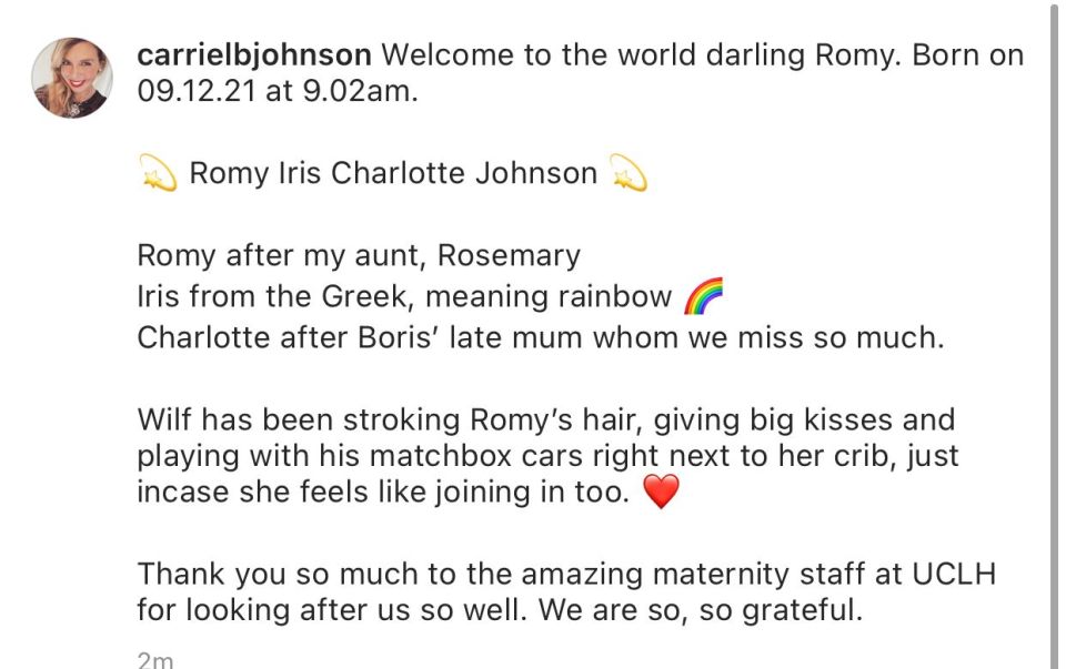 Carrie shared the news on her Instagram - just minutes after the PM let it slip on a clip today