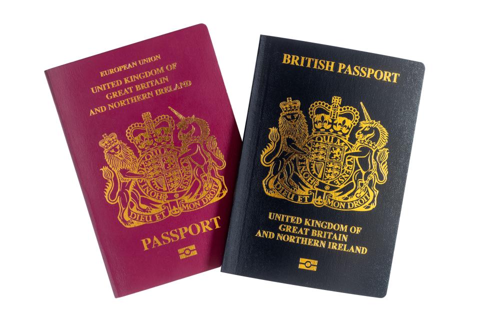 British burgundy and blue passports.