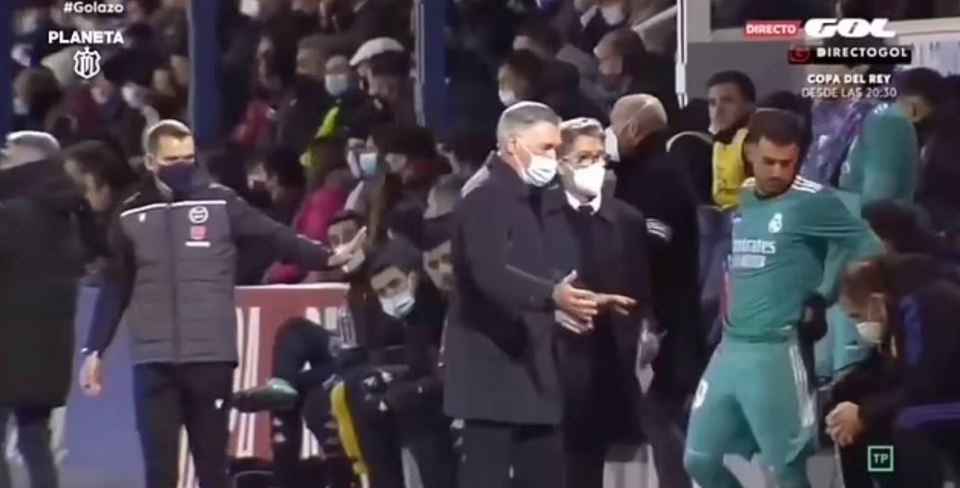 Ancelotti awkwardly ushered him back towards the bench but brought him on moments later
