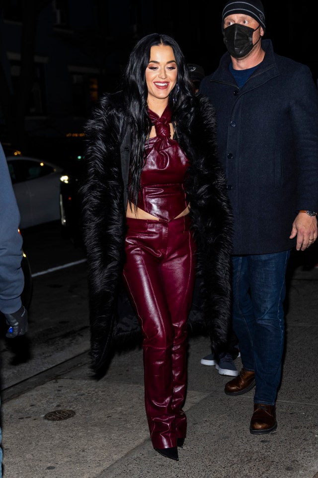 Katy wore the burgundy two-piece in New York as she left rehearsals for the US comedy show Saturday Night Live