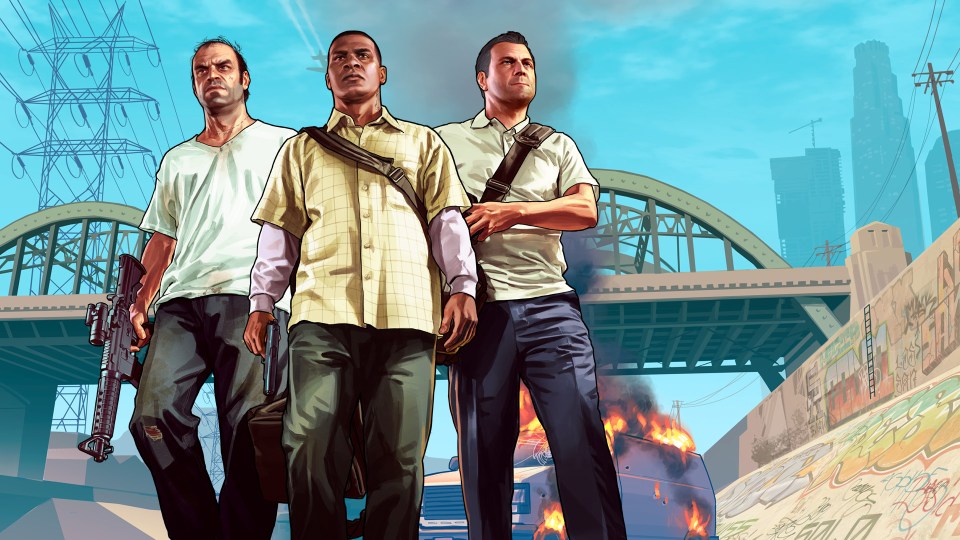 Illustration of three men walking down a city street with a burning car in the background.