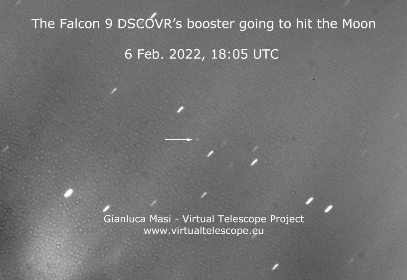 A SpaceX Falcon 9 booster (highlighted by white arrow) on a collision course with the Moon is visible in an image snapped by the Virtual Telescope Project