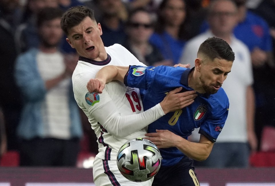 Jorgihno came out on top against Chelsea pal Mason Mount at Euro 2020