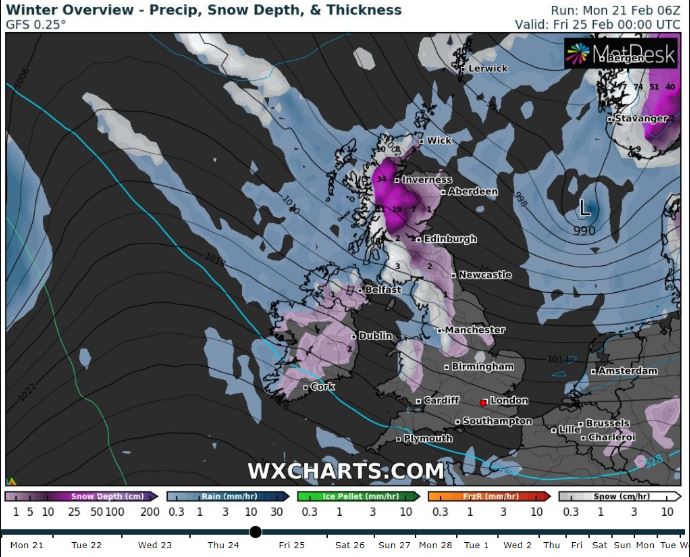 WX Charts predicts up to 34cm (14 inches) of snow later in the week in the north Credit: wxchart.com