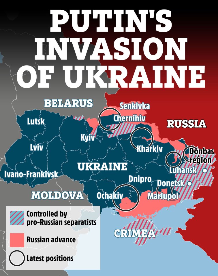 Russia have advanced across areas of Ukraine but in recent days been held in a standstill as the country fights back - map accurate as of March 22