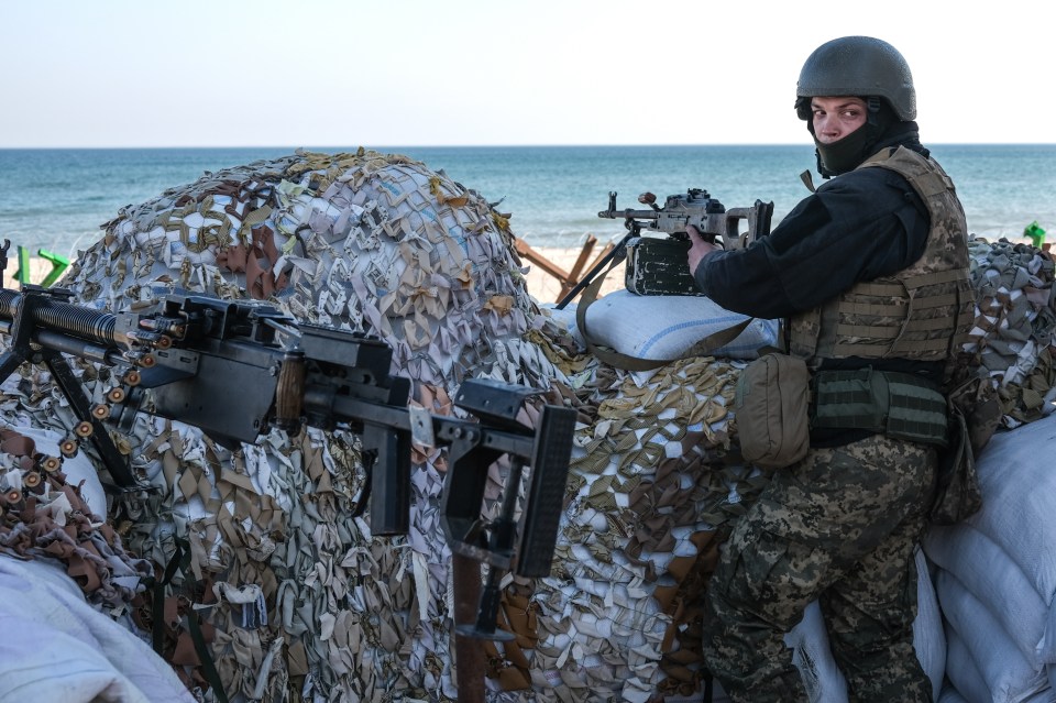 A Ukrainian soldier stands guard with his gun at a beachfront near Lusanivka
