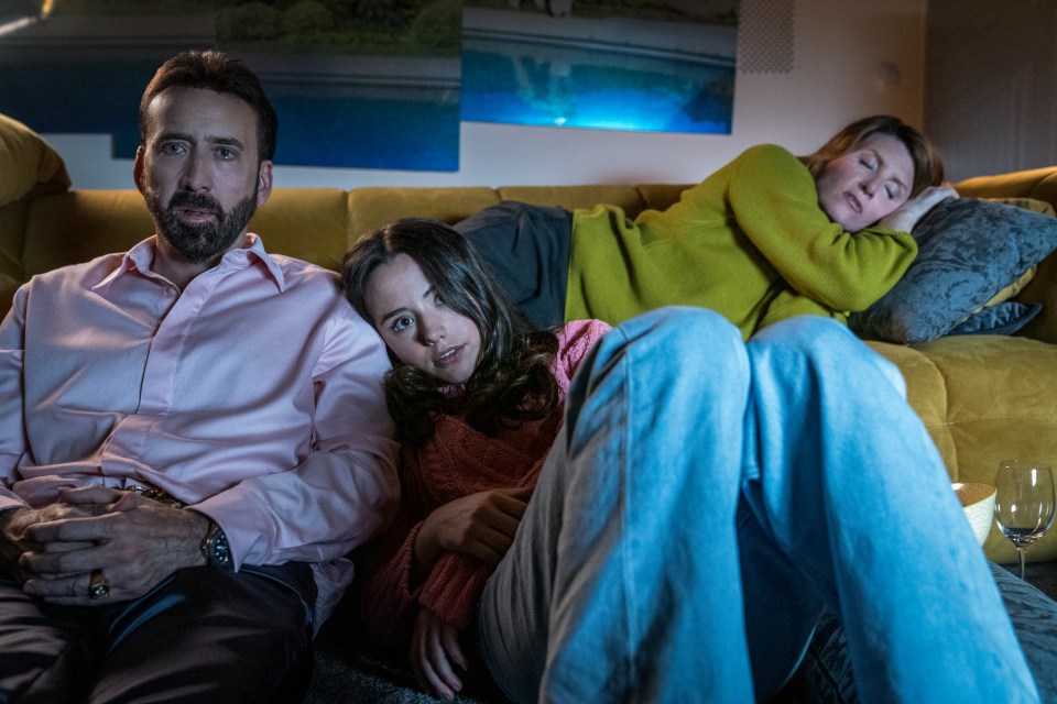 Cage, pictured with Lily Sheen and Sharon Horgan, plays a gently fictionalised version of himself in the flick