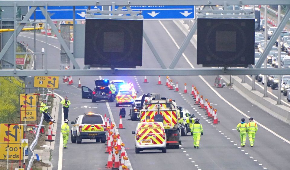 Police at the scene following a multi vehicle collision on the M4 on May 1