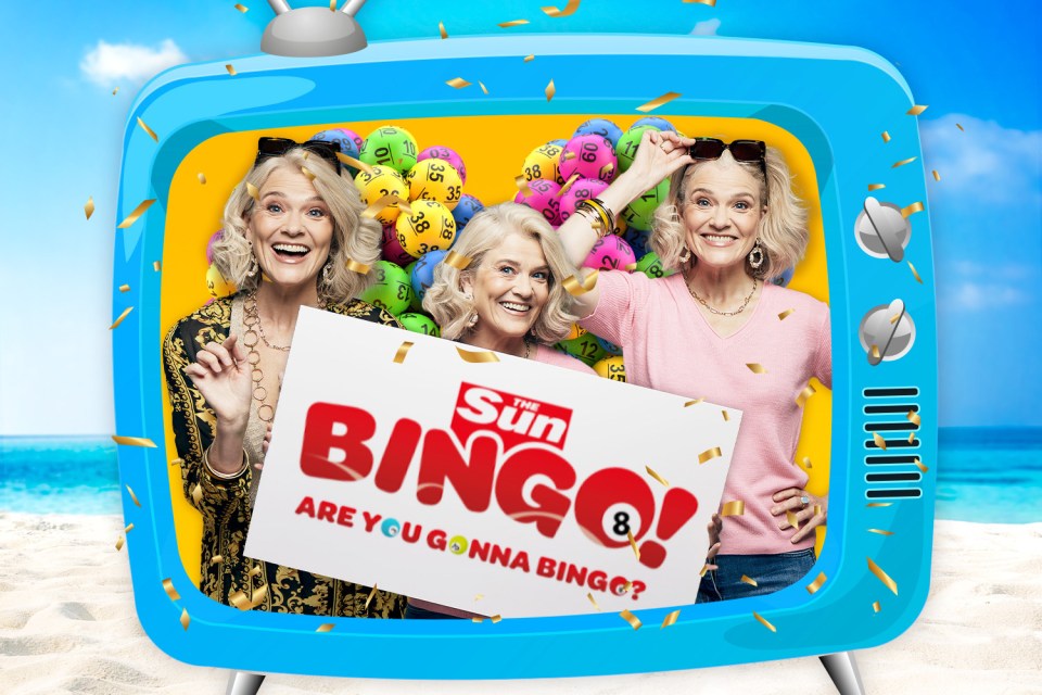 Illustration of three women holding a Sun Bingo sign surrounded by bingo balls in a television frame.