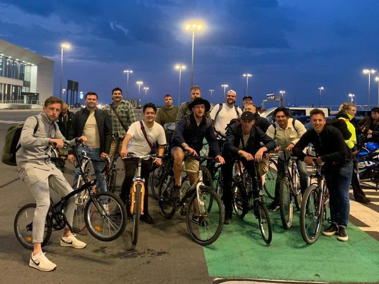 The pals gather for one last photo before boarding the ferry at Calais after making their way from Amsterdam