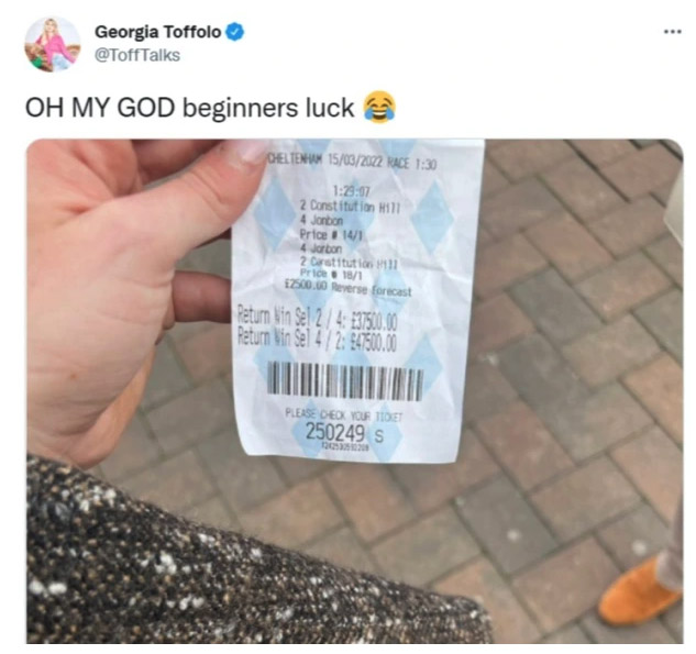 Toffolo shared her winning betting slip on Twitter