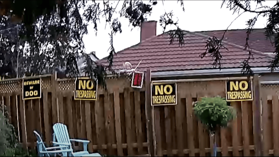 Shelley Miezlaiskis caught on CCTV camera putting up signs looking into Jules Carlysle's garden