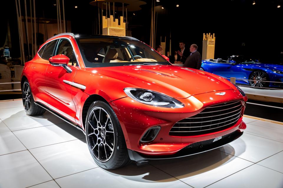 An Aston Martin DBX luxury SUV car showcased at the Brussels Autosalon 2020 Motor Show.