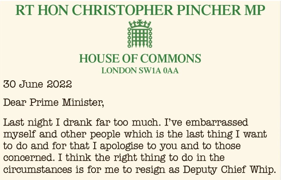 Pincher's resignation letter to the Prime Minister