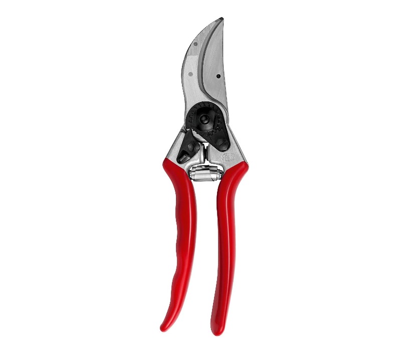 Red-handled bypass pruners.